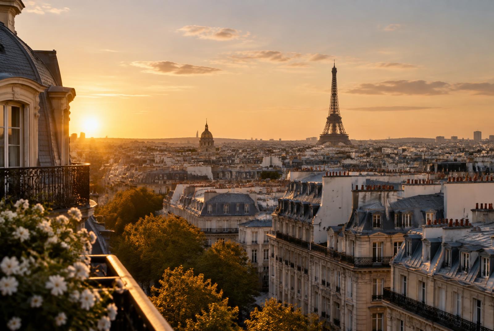Paris rooftops at sunset with the Eiffel Tower in the distance