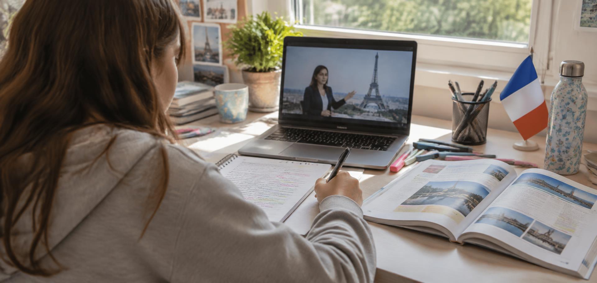 A GCSE student studying French with revision notes and a live online lesson on a laptop