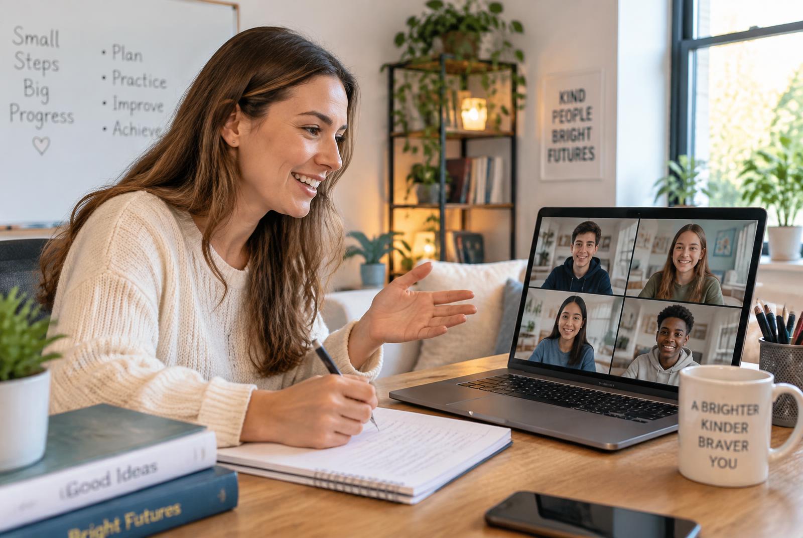 A tutor teaching a small group of GCSE students in a live online French class